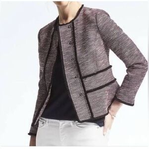 Banana Republic Red White Blue Weave Black Fringe Collarless Tweed Suit Jacket